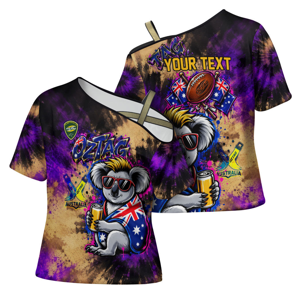 Personalised Australian Oztag Koala Mascot Cross Shoulder Shirt Cool Koala Sunglasses Tie Dye Paint Splatter