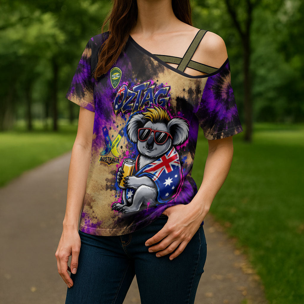 Personalised Australian Oztag Koala Mascot Cross Shoulder Shirt Cool Koala Sunglasses Tie Dye Paint Splatter