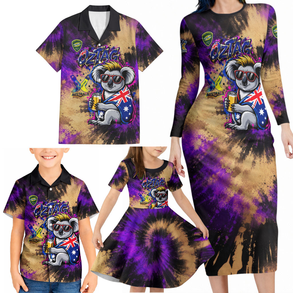 Personalised Australian Oztag Koala Mascot Family Matching Long Sleeve Bodycon Dress and Hawaiian Shirt Cool Koala Sunglasses Tie Dye Paint Splatter