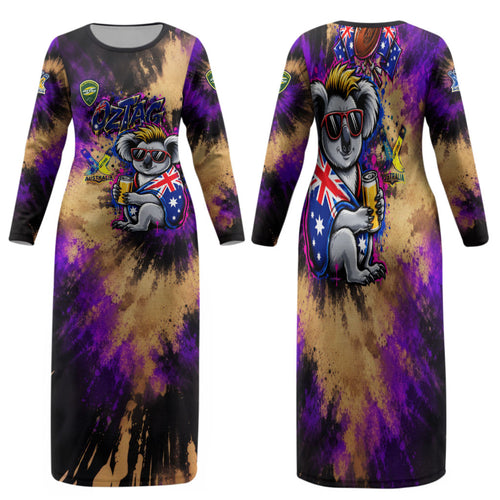 Personalised Australian Oztag Koala Mascot Family Matching Long Sleeve Bodycon Dress and Hawaiian Shirt Cool Koala Sunglasses Tie Dye Paint Splatter