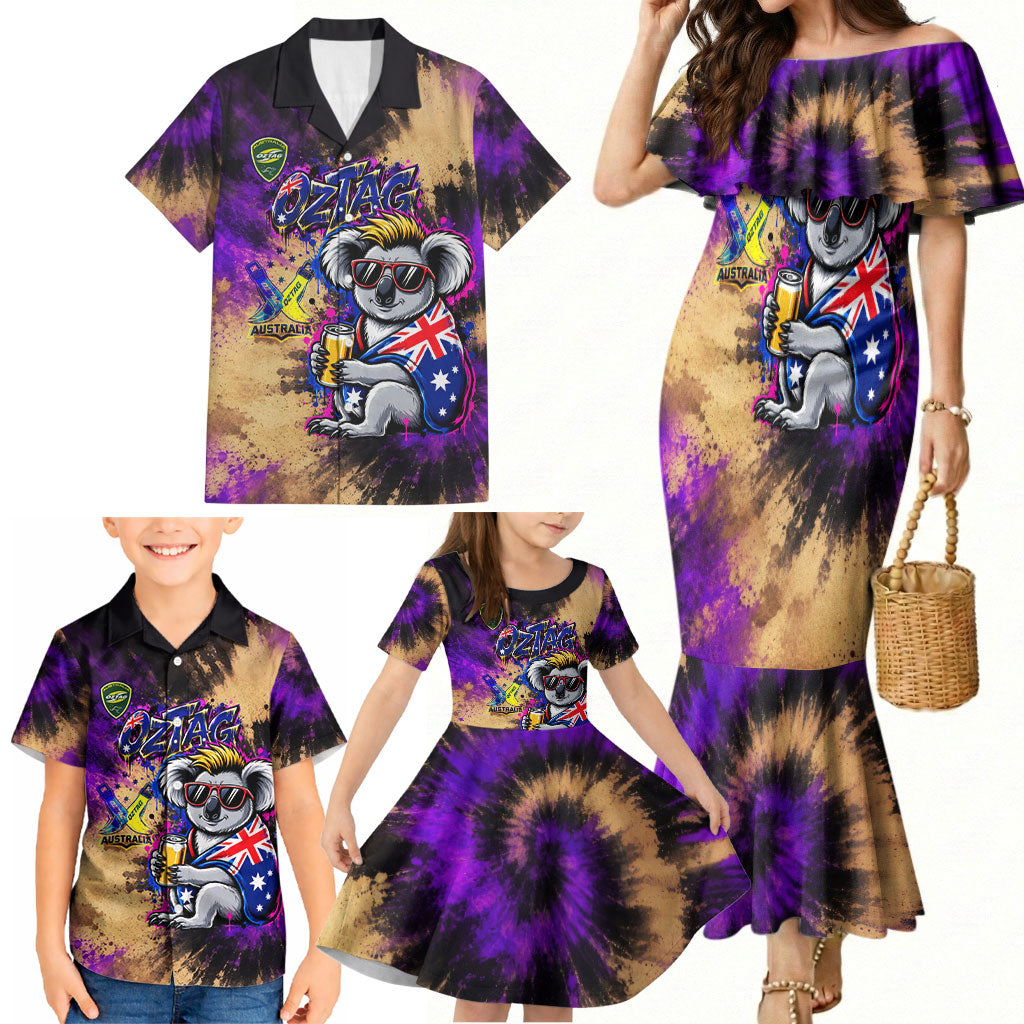 Personalised Australian Oztag Koala Mascot Family Matching Mermaid Dress and Hawaiian Shirt Cool Koala Sunglasses Tie Dye Paint Splatter