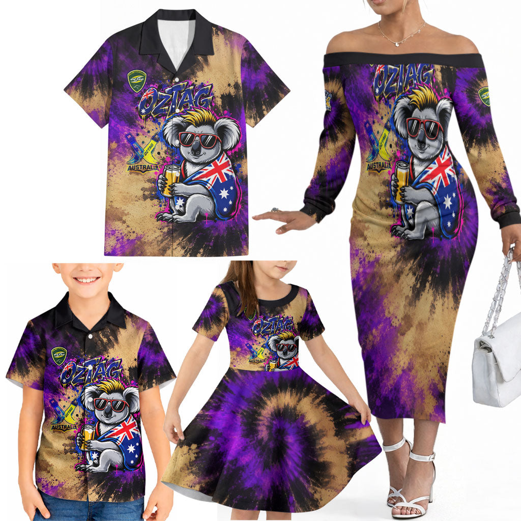 Personalised Australian Oztag Koala Mascot Family Matching Off The Shoulder Long Sleeve Dress and Hawaiian Shirt Cool Koala Sunglasses Tie Dye Paint Splatter