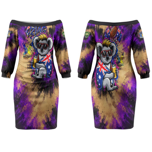 Personalised Australian Oztag Koala Mascot Family Matching Off The Shoulder Long Sleeve Dress and Hawaiian Shirt Cool Koala Sunglasses Tie Dye Paint Splatter