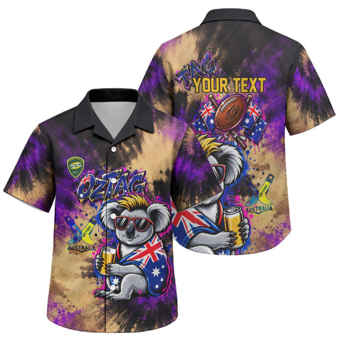 Personalised Australian Oztag Koala Mascot Family Matching Off The Shoulder Long Sleeve Dress and Hawaiian Shirt Cool Koala Sunglasses Tie Dye Paint Splatter