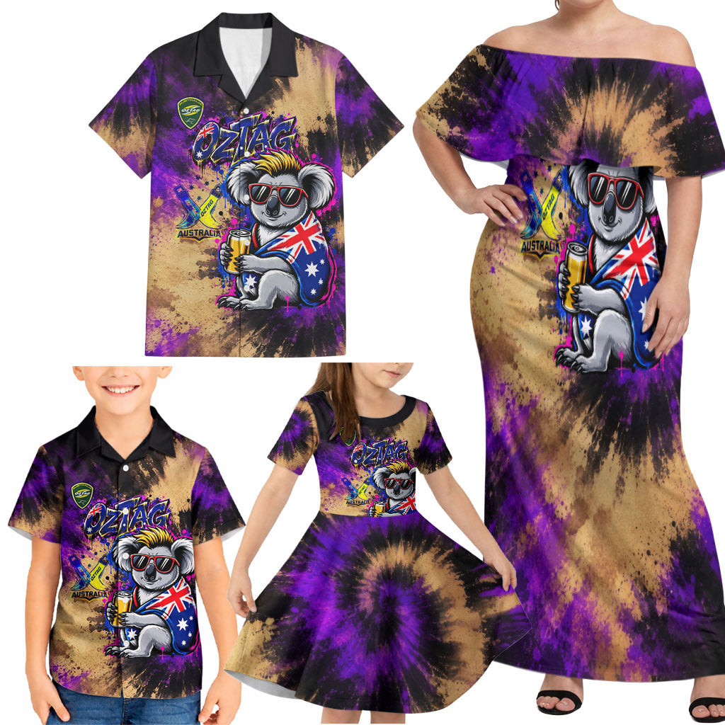 Personalised Australian Oztag Koala Mascot Family Matching Off Shoulder Maxi Dress and Hawaiian Shirt Cool Koala Sunglasses Tie Dye Paint Splatter
