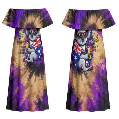 Personalised Australian Oztag Koala Mascot Family Matching Off Shoulder Maxi Dress and Hawaiian Shirt Cool Koala Sunglasses Tie Dye Paint Splatter
