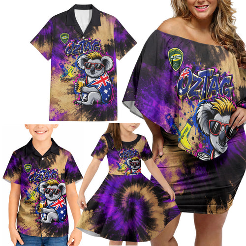 Personalised Australian Oztag Koala Mascot Family Matching Off Shoulder Short Dress and Hawaiian Shirt Cool Koala Sunglasses Tie Dye Paint Splatter
