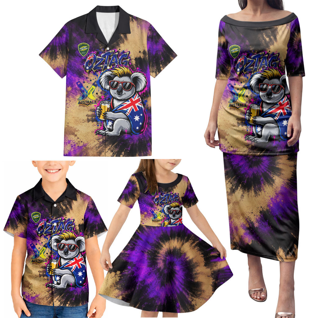 Personalised Australian Oztag Koala Mascot Family Matching Puletasi and Hawaiian Shirt Cool Koala Sunglasses Tie Dye Paint Splatter