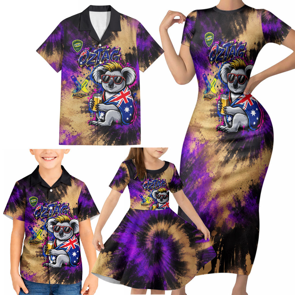 Personalised Australian Oztag Koala Mascot Family Matching Short Sleeve Bodycon Dress and Hawaiian Shirt Cool Koala Sunglasses Tie Dye Paint Splatter