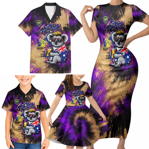 Personalised Australian Oztag Koala Mascot Family Matching Short Sleeve Bodycon Dress and Hawaiian Shirt Cool Koala Sunglasses Tie Dye Paint Splatter