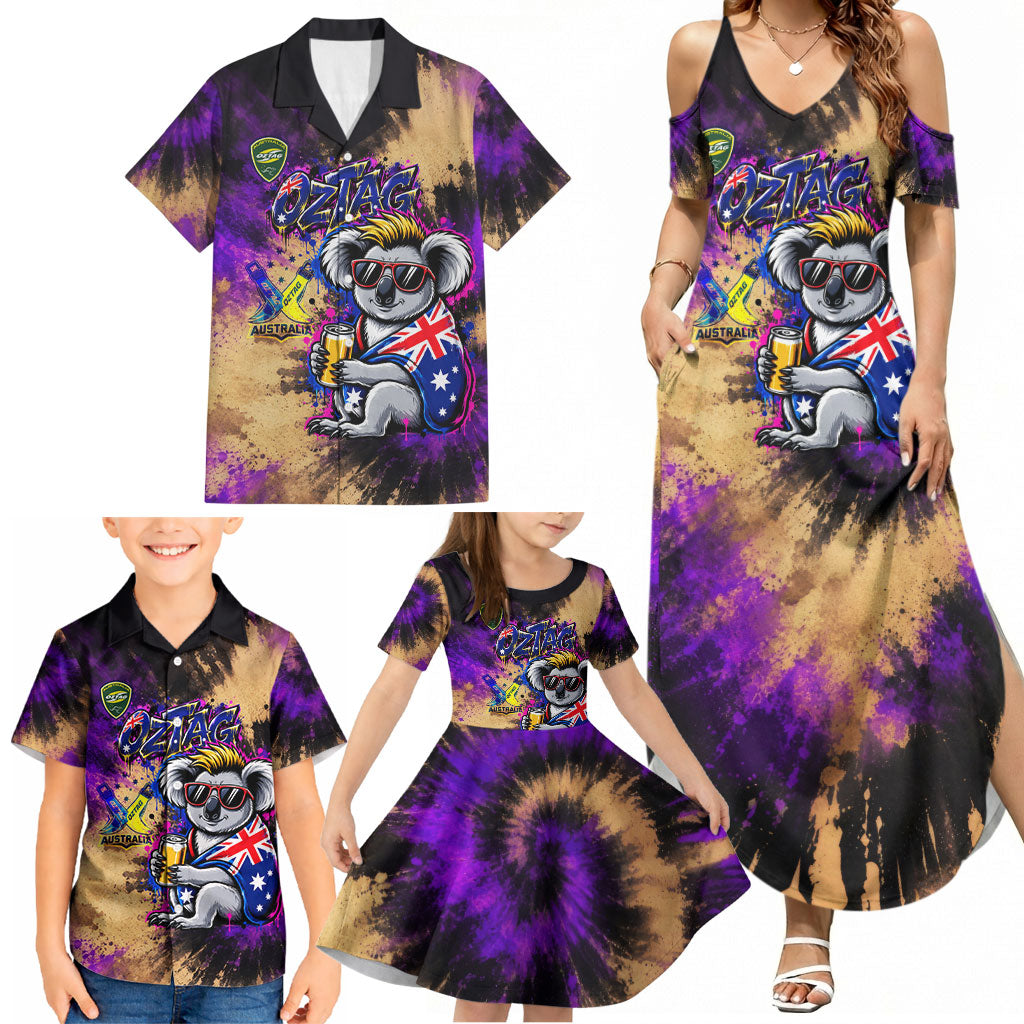 Personalised Australian Oztag Koala Mascot Family Matching Summer Maxi Dress and Hawaiian Shirt Cool Koala Sunglasses Tie Dye Paint Splatter