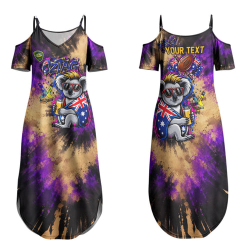 Personalised Australian Oztag Koala Mascot Family Matching Summer Maxi Dress and Hawaiian Shirt Cool Koala Sunglasses Tie Dye Paint Splatter