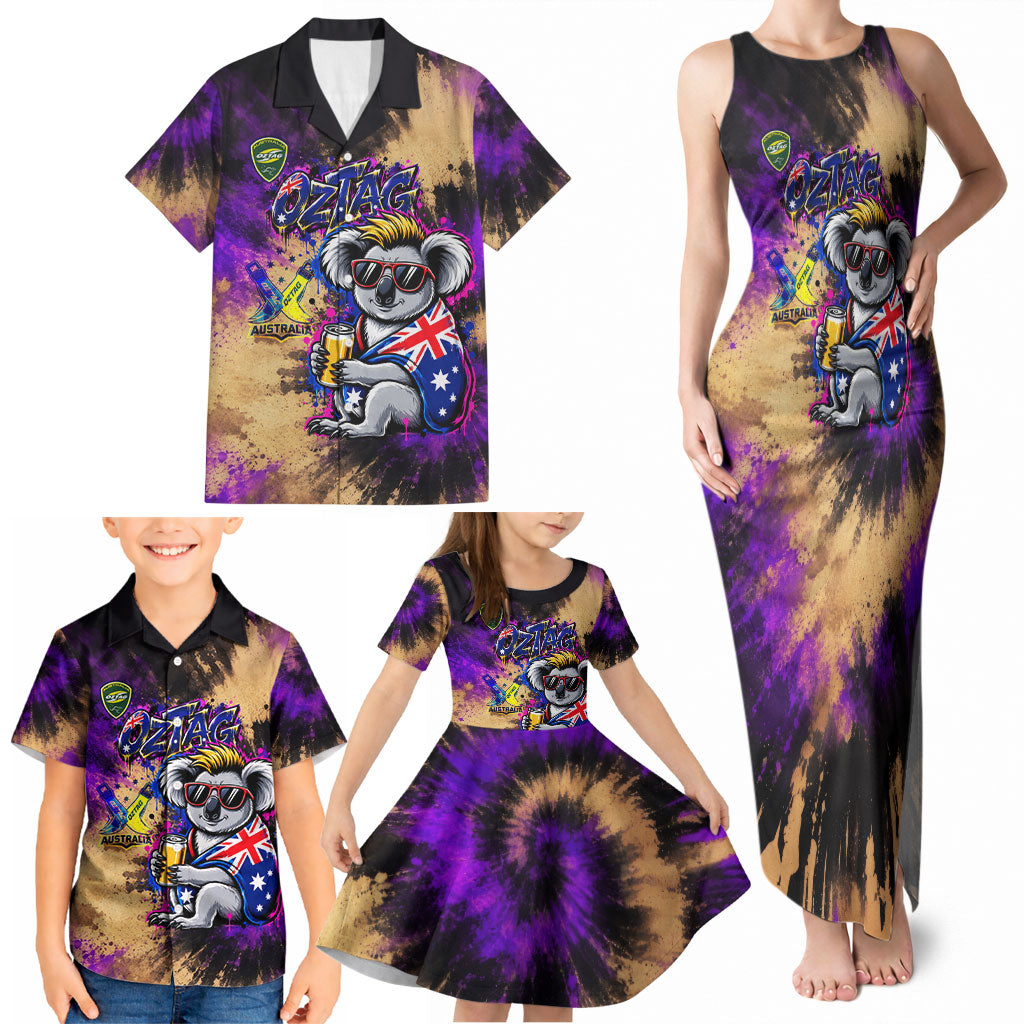 Personalised Australian Oztag Koala Mascot Family Matching Tank Maxi Dress and Hawaiian Shirt Cool Koala Sunglasses Tie Dye Paint Splatter