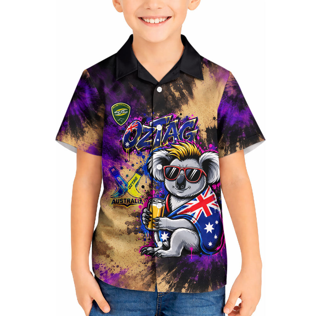 Personalised Australian Oztag Koala Mascot Kid Hawaiian Shirt Cool Koala Sunglasses Tie Dye Paint Splatter