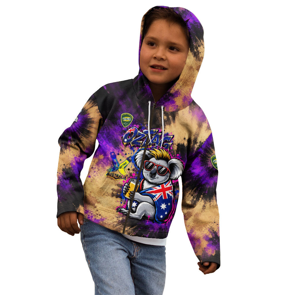 Personalised Australian Oztag Koala Mascot Kid Hoodie Cool Koala Sunglasses Tie Dye Paint Splatter