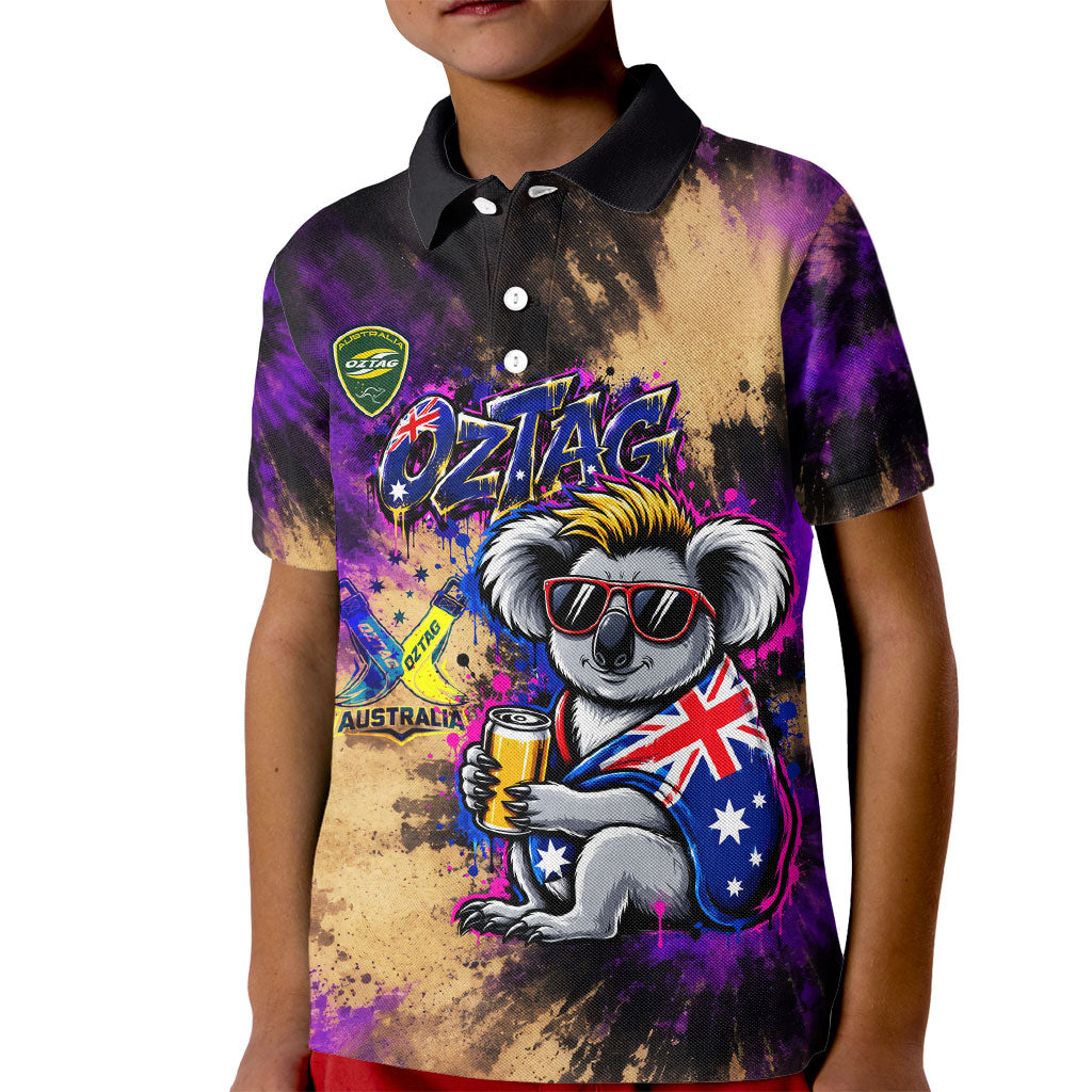 Personalised Australian Oztag Koala Mascot Kid Polo Shirt Cool Koala Sunglasses Tie Dye Paint Splatter