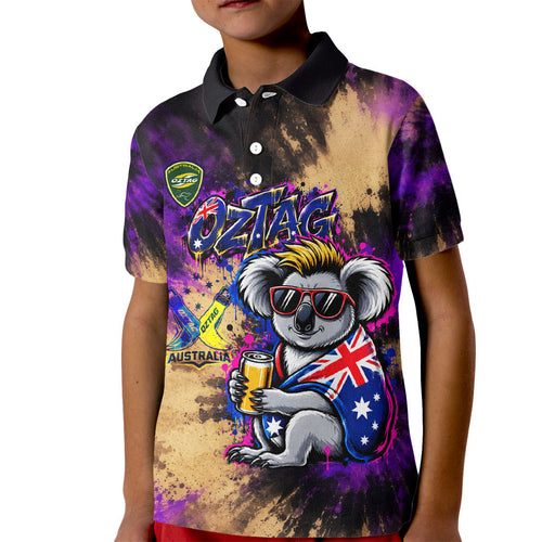 Personalised Australian Oztag Koala Mascot Kid Polo Shirt Cool Koala Sunglasses Tie Dye Paint Splatter