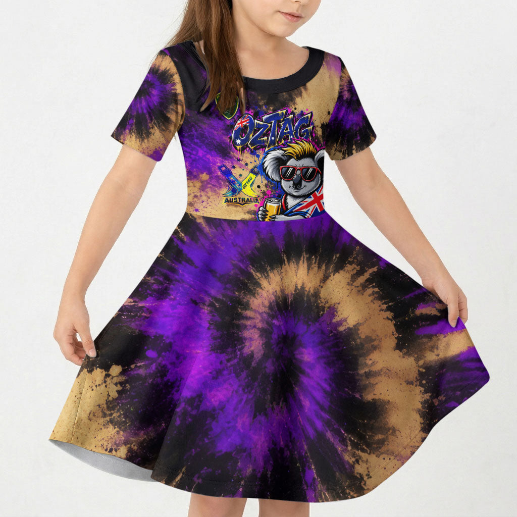 Personalised Australian Oztag Koala Mascot Kid Short Sleeve Dress Cool Koala Sunglasses Tie Dye Paint Splatter