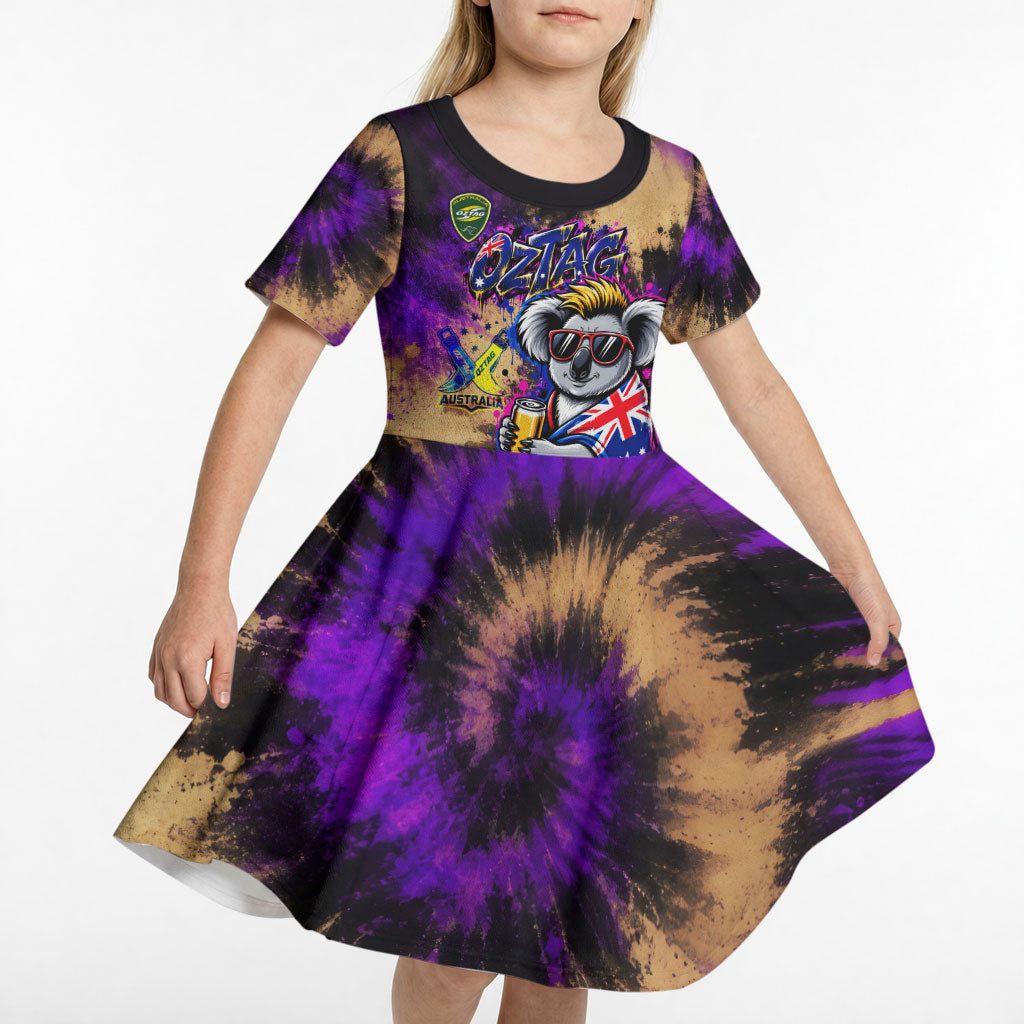 Personalised Australian Oztag Koala Mascot Kid Short Sleeve Dress Cool Koala Sunglasses Tie Dye Paint Splatter