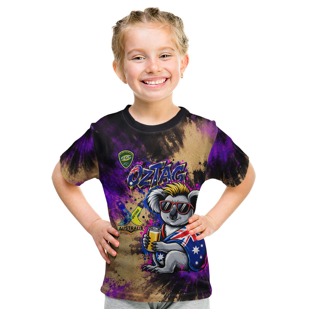 Personalised Australian Oztag Koala Mascot Kid T Shirt Cool Koala Sunglasses Tie Dye Paint Splatter