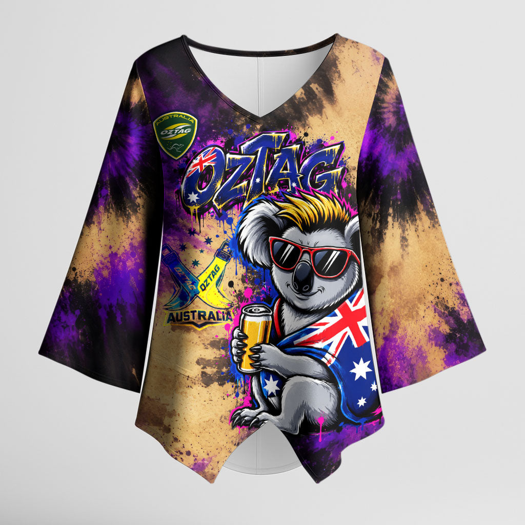 Personalised Australian Oztag Koala Mascot Kimono Sleeve Blouse Cool Koala Sunglasses Tie Dye Paint Splatter