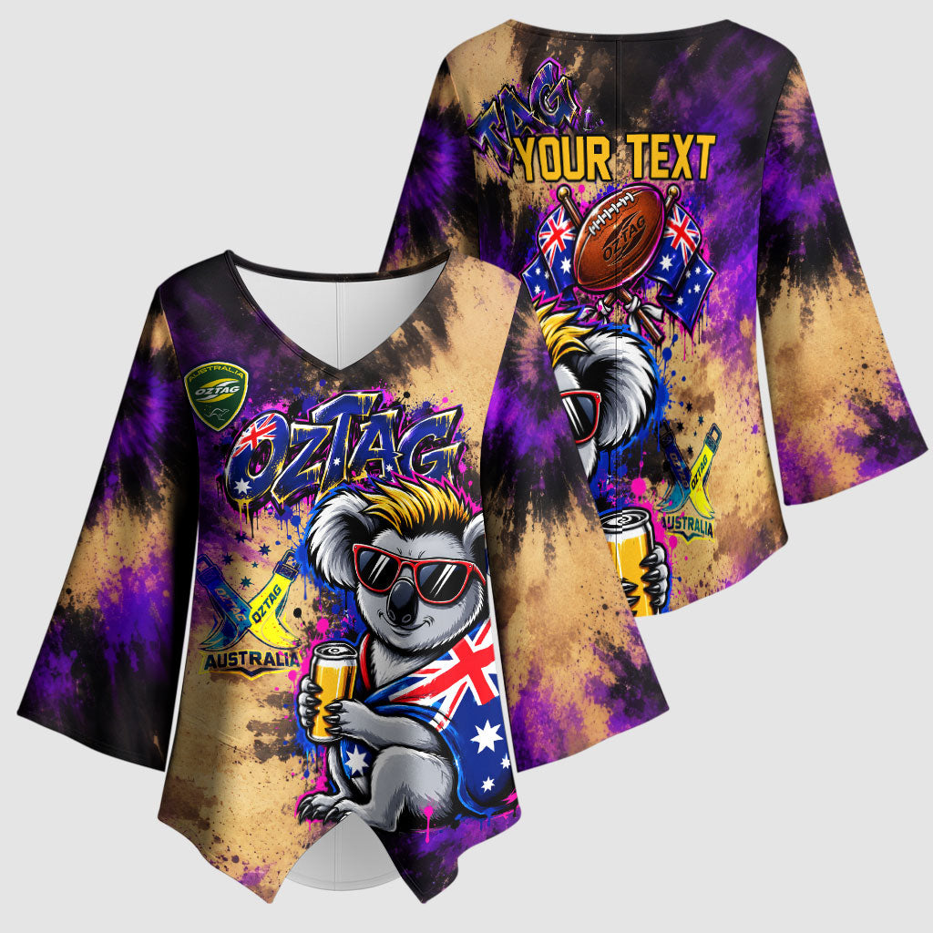 Personalised Australian Oztag Koala Mascot Kimono Sleeve Blouse Cool Koala Sunglasses Tie Dye Paint Splatter