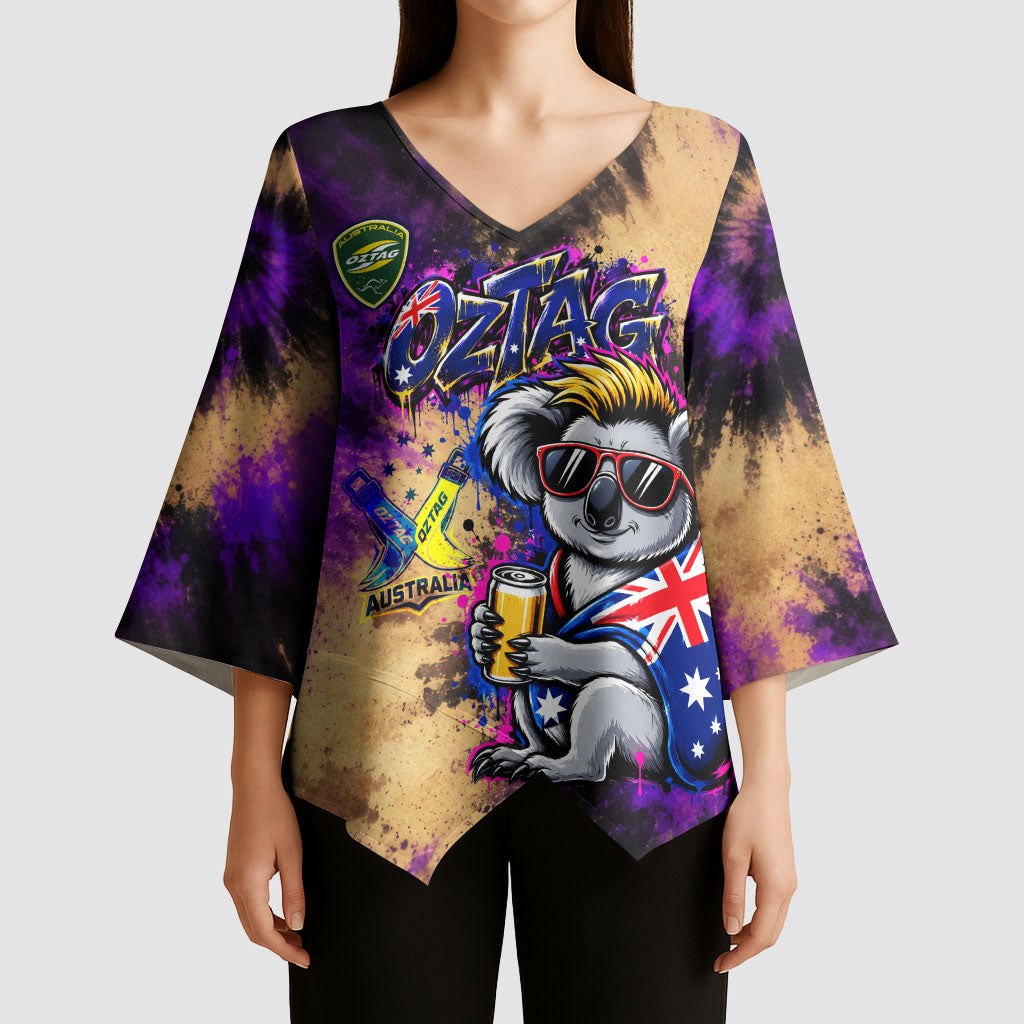 Personalised Australian Oztag Koala Mascot Kimono Sleeve Blouse Cool Koala Sunglasses Tie Dye Paint Splatter