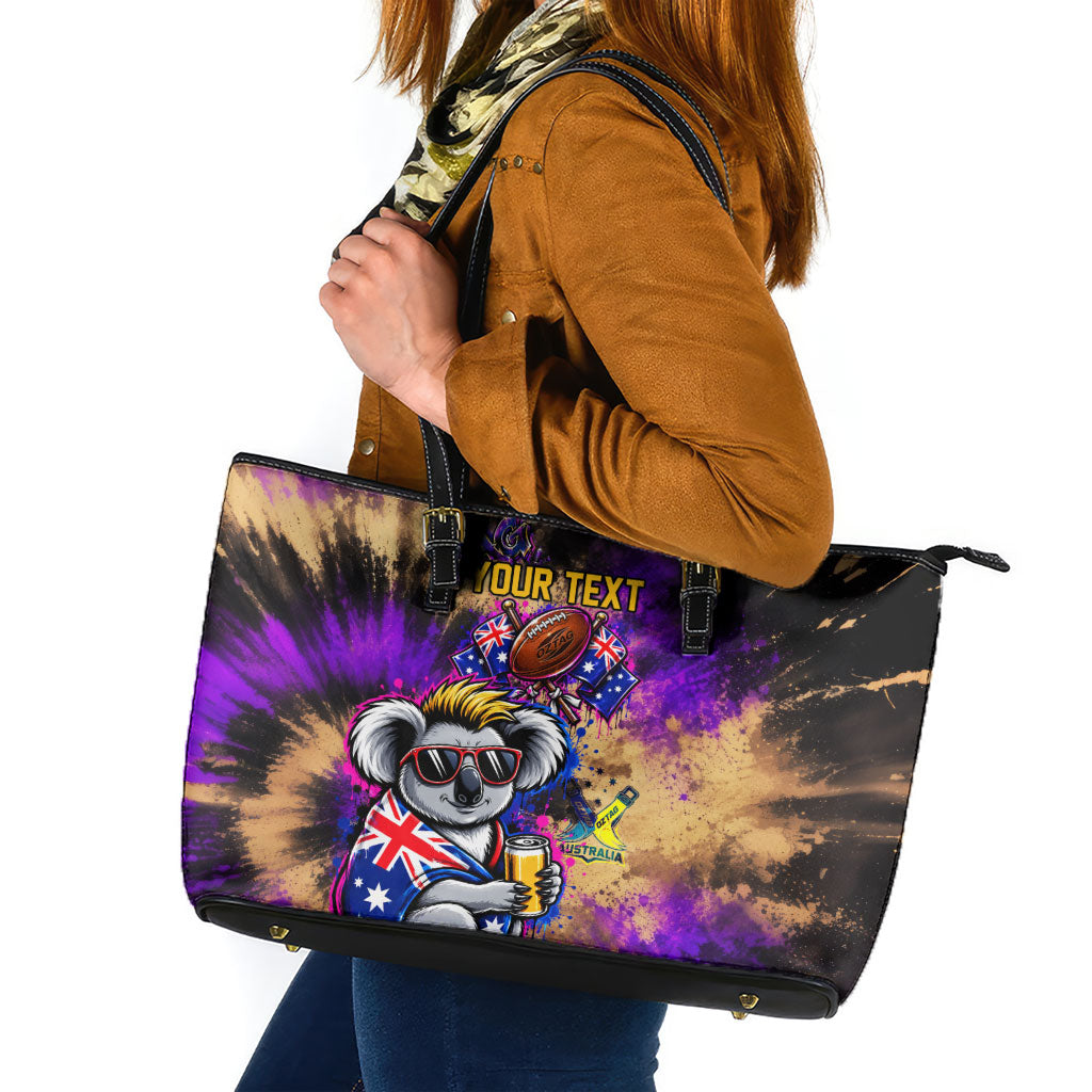 Personalised Australian Oztag Koala Mascot Leather Tote Bag Cool Koala Sunglasses Tie Dye Paint Splatter