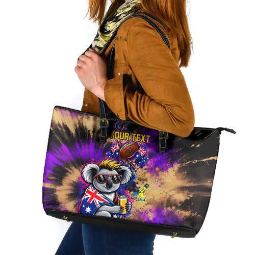 Personalised Australian Oztag Koala Mascot Leather Tote Bag Cool Koala Sunglasses Tie Dye Paint Splatter