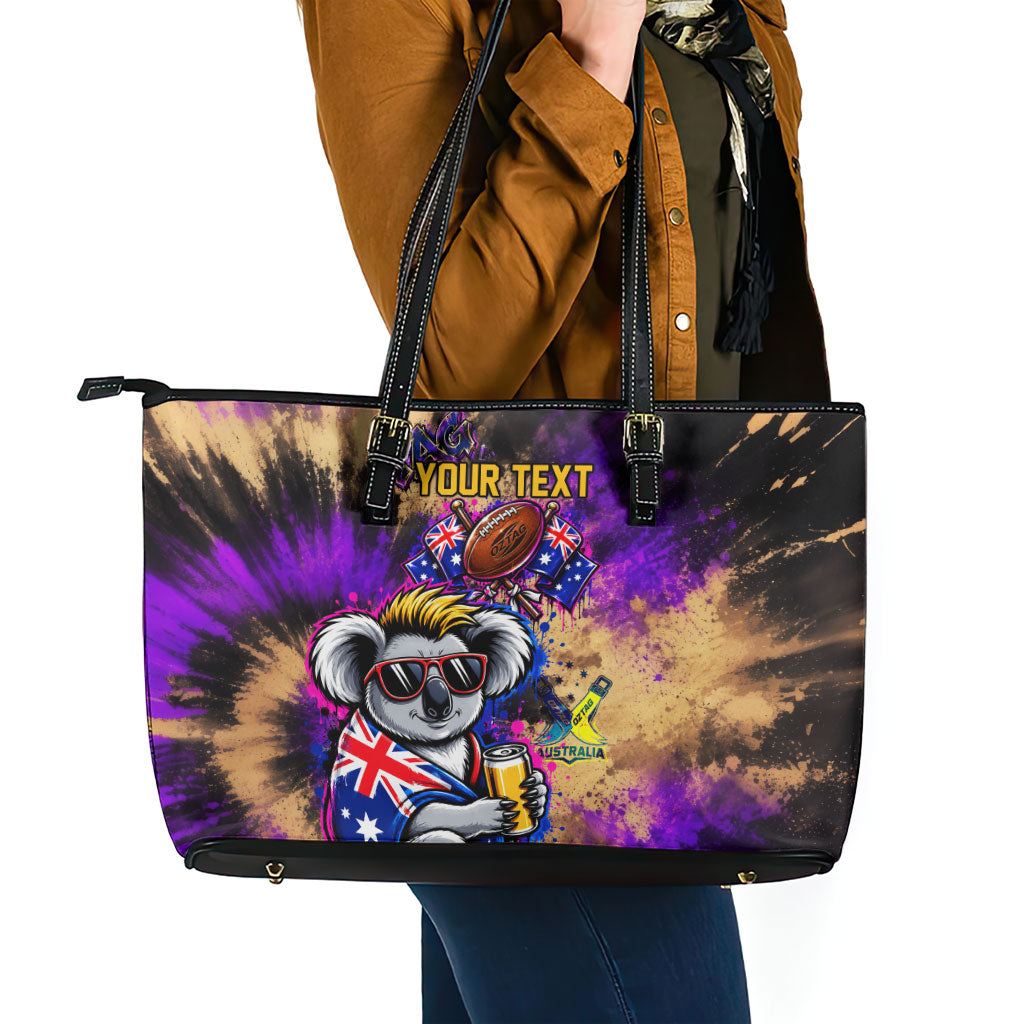 Personalised Australian Oztag Koala Mascot Leather Tote Bag Cool Koala Sunglasses Tie Dye Paint Splatter