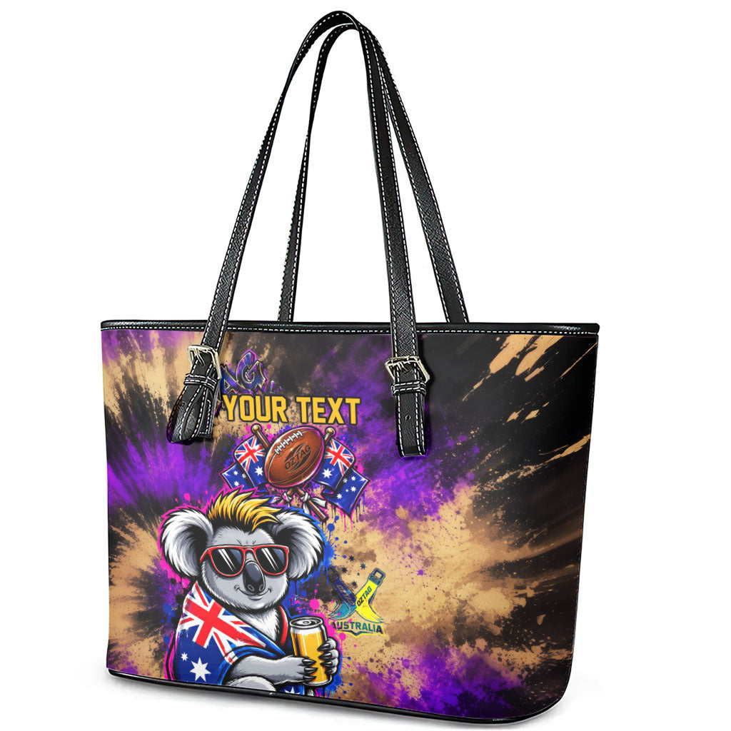 Personalised Australian Oztag Koala Mascot Leather Tote Bag Cool Koala Sunglasses Tie Dye Paint Splatter