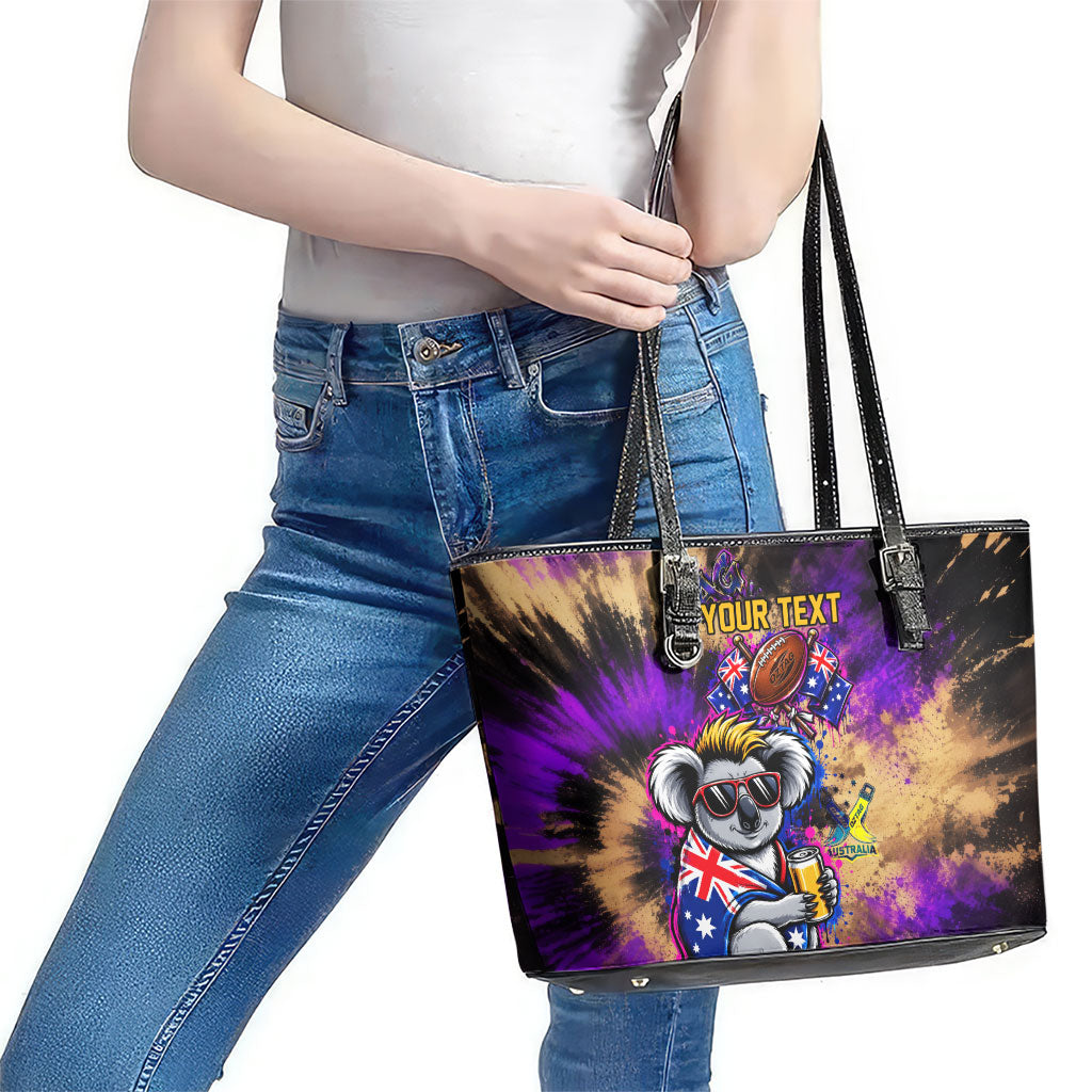 Personalised Australian Oztag Koala Mascot Leather Tote Bag Cool Koala Sunglasses Tie Dye Paint Splatter