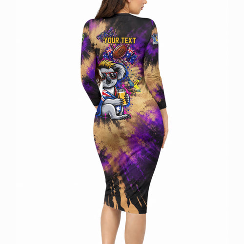 Personalised Australian Oztag Koala Mascot Long Sleeve Bodycon Dress Cool Koala Sunglasses Tie Dye Paint Splatter