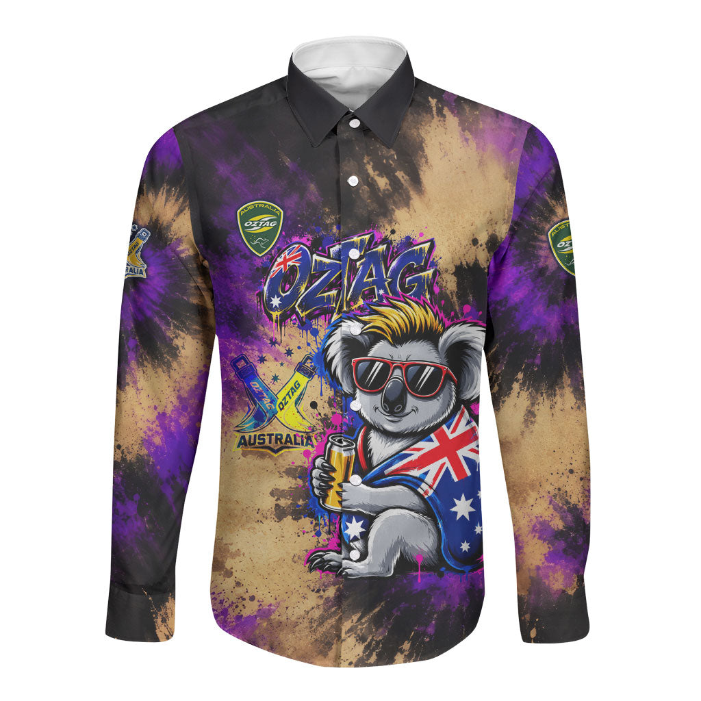 Personalised Australian Oztag Koala Mascot Long Sleeve Button Shirt Cool Koala Sunglasses Tie Dye Paint Splatter