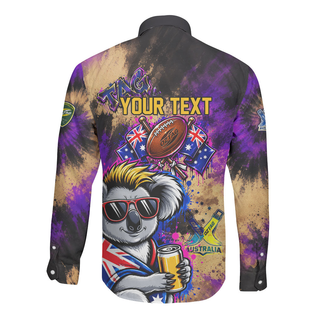 Personalised Australian Oztag Koala Mascot Long Sleeve Button Shirt Cool Koala Sunglasses Tie Dye Paint Splatter