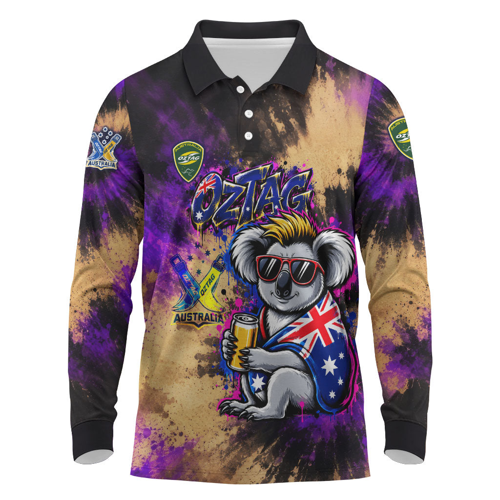 Personalised Australian Oztag Koala Mascot Long Sleeve Polo Shirt Cool Koala Sunglasses Tie Dye Paint Splatter