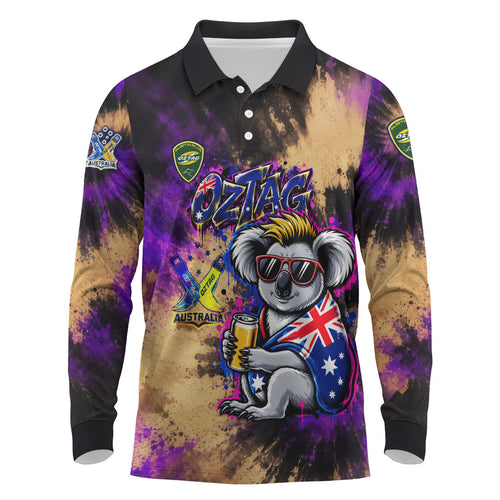 Personalised Australian Oztag Koala Mascot Long Sleeve Polo Shirt Cool Koala Sunglasses Tie Dye Paint Splatter