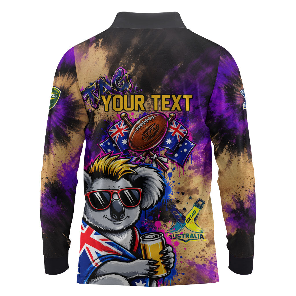 Personalised Australian Oztag Koala Mascot Long Sleeve Polo Shirt Cool Koala Sunglasses Tie Dye Paint Splatter