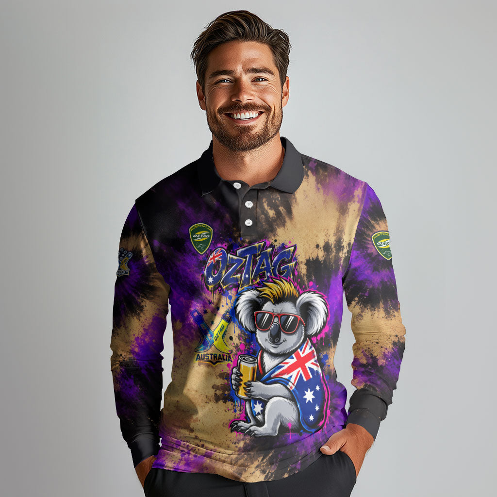 Personalised Australian Oztag Koala Mascot Long Sleeve Polo Shirt Cool Koala Sunglasses Tie Dye Paint Splatter