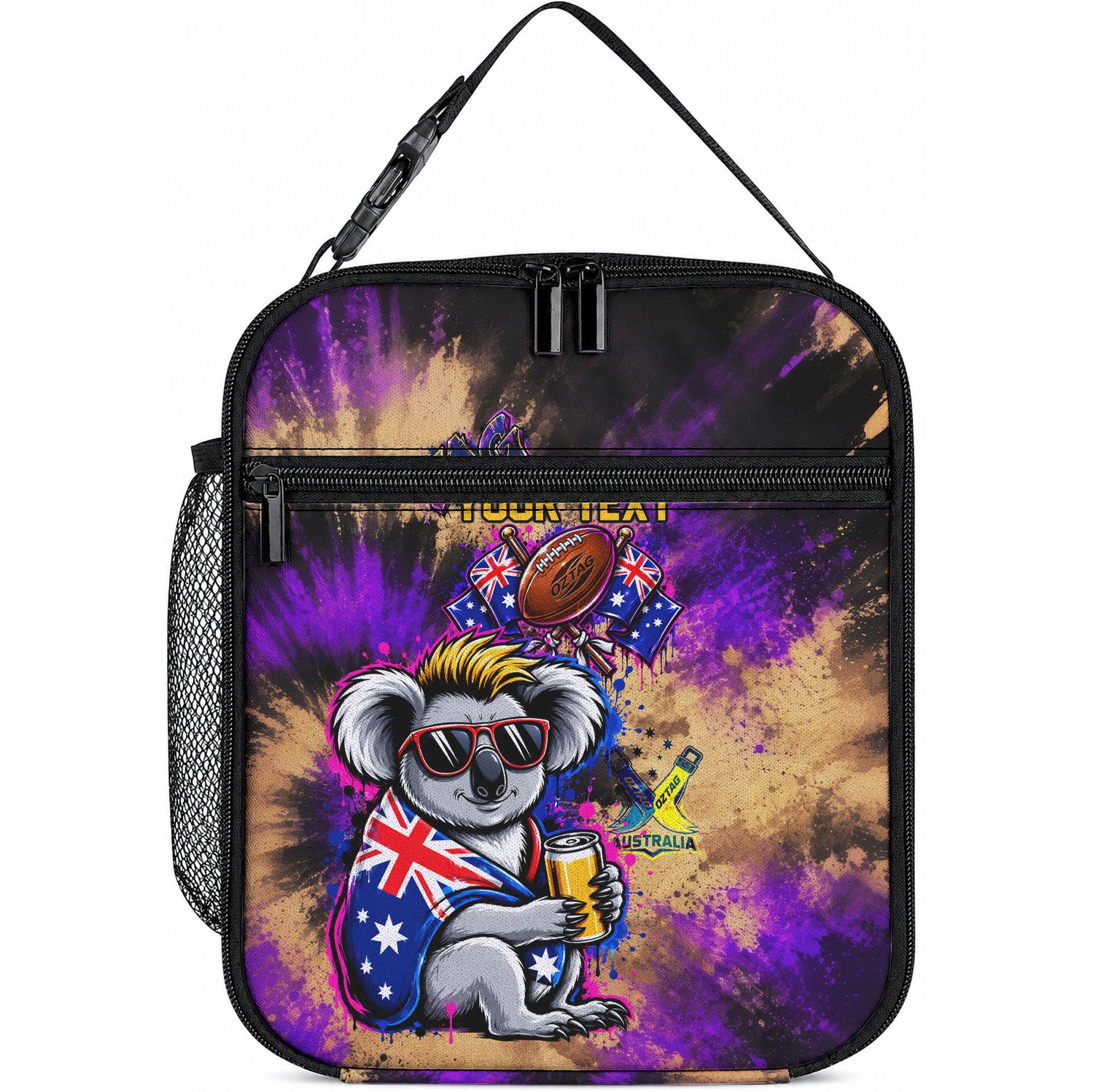 Personalised Australian Oztag Koala Mascot Lunch Bag Cool Koala Sunglasses Tie Dye Paint Splatter
