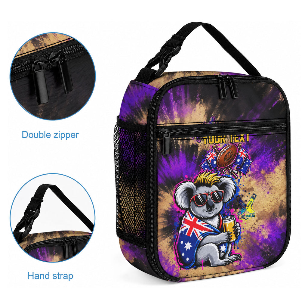 Personalised Australian Oztag Koala Mascot Lunch Bag Cool Koala Sunglasses Tie Dye Paint Splatter