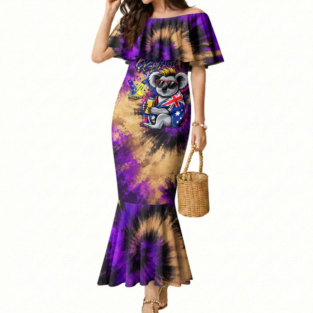 Personalised Australian Oztag Koala Mascot Mermaid Dress Cool Koala Sunglasses Tie Dye Paint Splatter