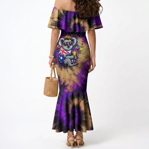 Personalised Australian Oztag Koala Mascot Mermaid Dress Cool Koala Sunglasses Tie Dye Paint Splatter