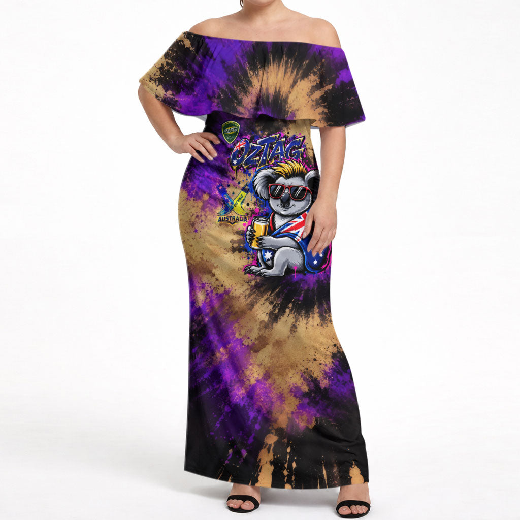 Personalised Australian Oztag Koala Mascot Off Shoulder Maxi Dress Cool Koala Sunglasses Tie Dye Paint Splatter