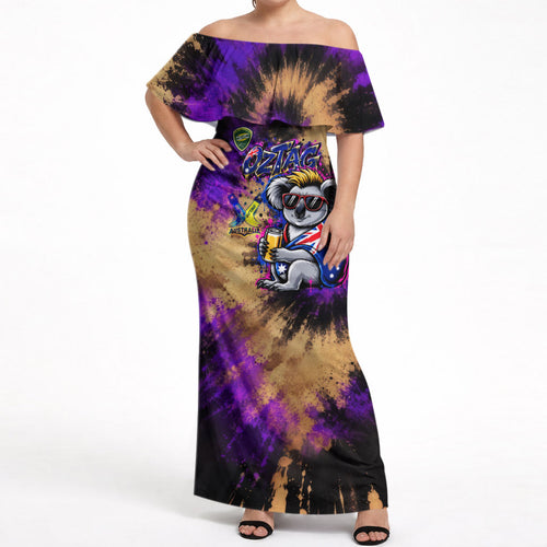 Personalised Australian Oztag Koala Mascot Off Shoulder Maxi Dress Cool Koala Sunglasses Tie Dye Paint Splatter