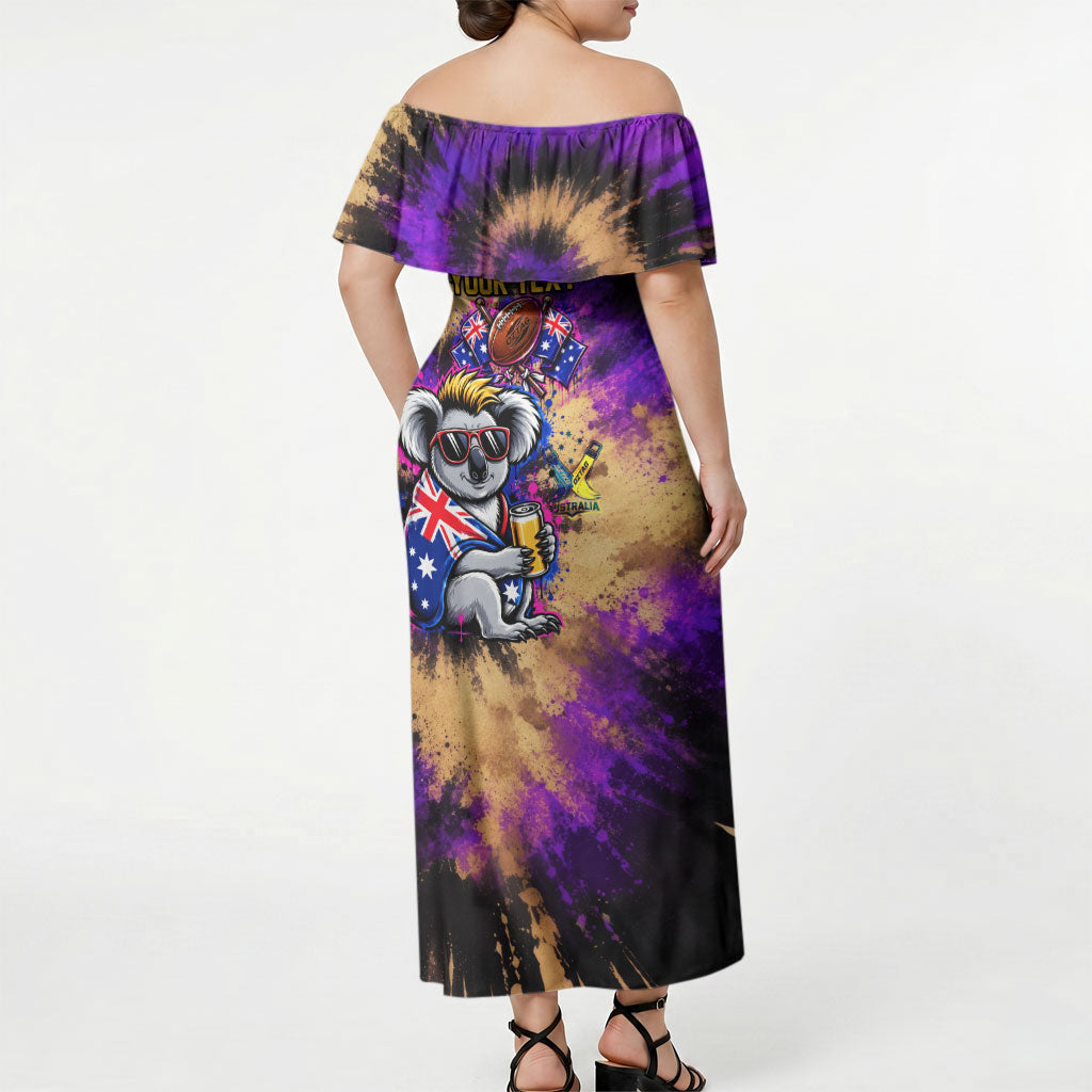 Personalised Australian Oztag Koala Mascot Off Shoulder Maxi Dress Cool Koala Sunglasses Tie Dye Paint Splatter