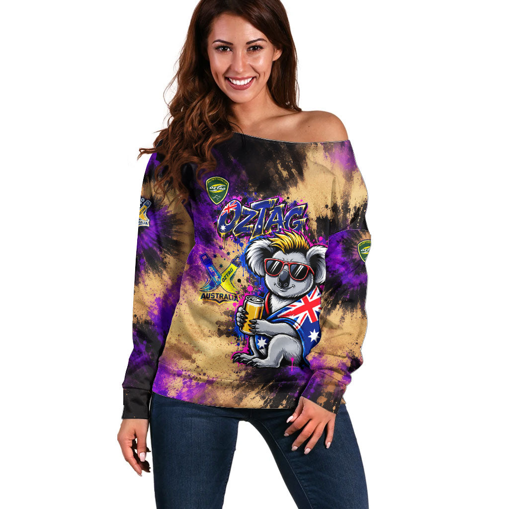Personalised Australian Oztag Koala Mascot Off Shoulder Sweater Cool Koala Sunglasses Tie Dye Paint Splatter