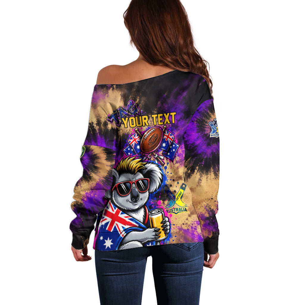 Personalised Australian Oztag Koala Mascot Off Shoulder Sweater Cool Koala Sunglasses Tie Dye Paint Splatter