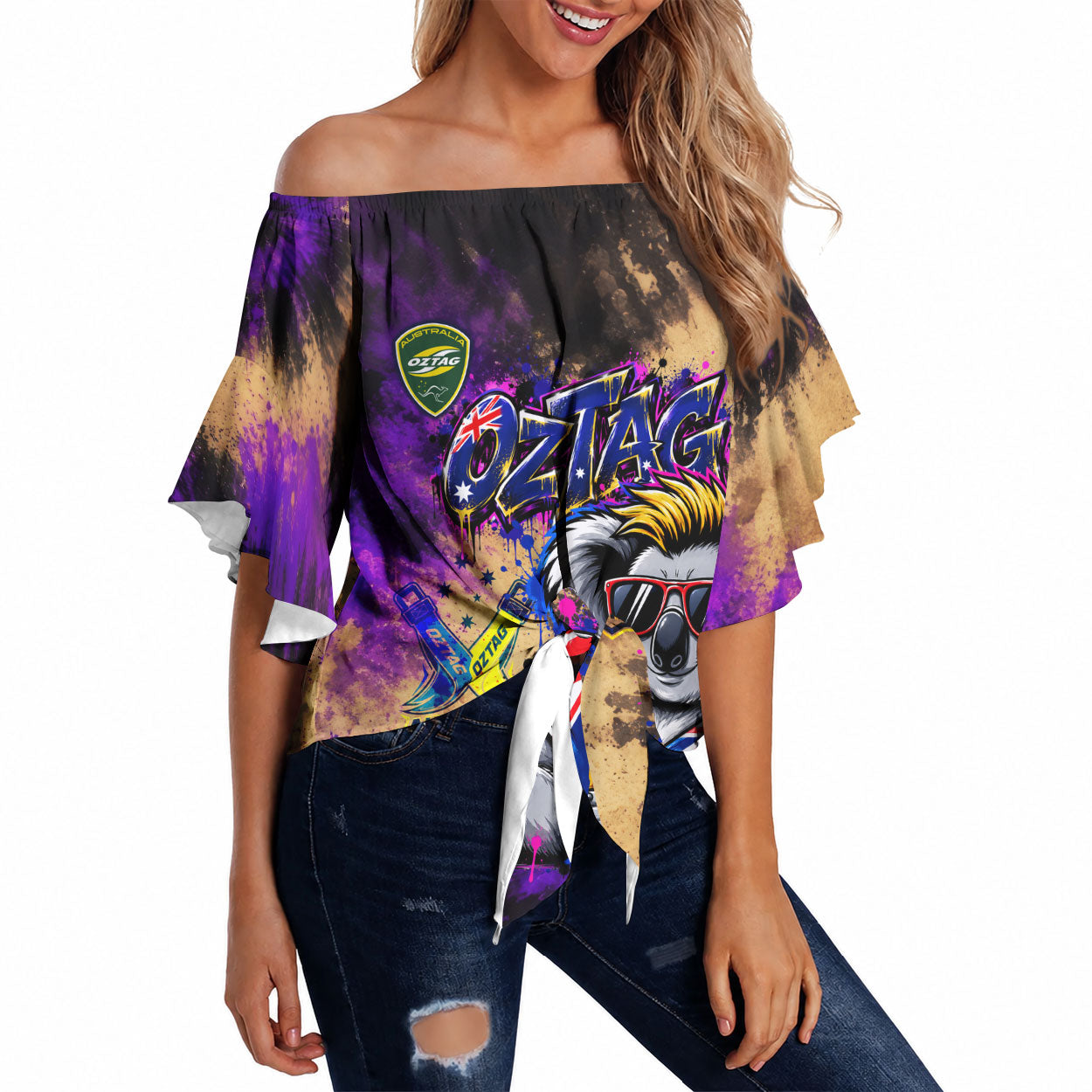 Personalised Australian Oztag Koala Mascot Off Shoulder Wrap Waist Top Cool Koala Sunglasses Tie Dye Paint Splatter