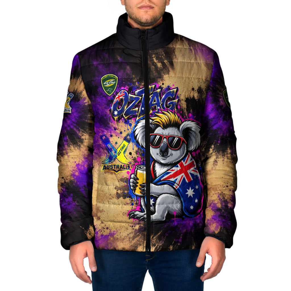 Personalised Australian Oztag Koala Mascot Padded Jacket Cool Koala Sunglasses Tie Dye Paint Splatter